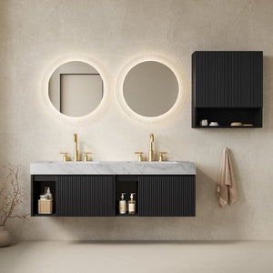 English Elm Eiden Spa Style Floating Bathroom Vanity Combo with Sintered Stone and Fluted Doors 60 inches Carrara Grey Black W2615S01011