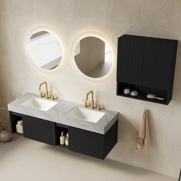 English Elm Eiden Spa Style Floating Bathroom Vanity Combo with Sintered Stone and Fluted Doors 60 inches Carrara Grey Black W2615S01011