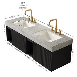 English Elm Eiden Spa Style Floating Bathroom Vanity Combo with Sintered Stone and Fluted Doors 60 inches Carrara Grey Black W2615S01011