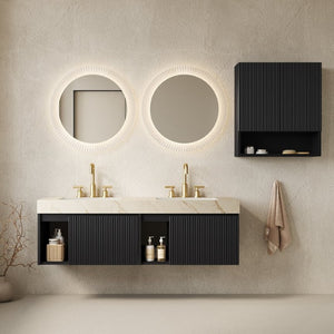 English Elm Eiden Spa Style Floating Bathroom Vanity Combo with Sintered Stone and Fluted Doors 60 inches Cream Gold Black W2615S01012