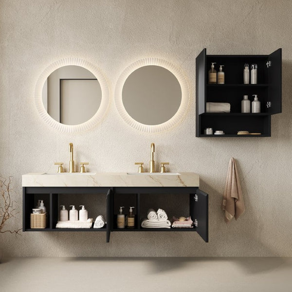 English Elm Eiden Spa Style Floating Bathroom Vanity Combo with Sintered Stone and Fluted Doors 60 inches Cream Gold Black W2615S01012