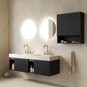 English Elm Eiden Spa Style Floating Bathroom Vanity Combo with Sintered Stone and Fluted Doors 60 inches Cream Gold Black W2615S01012