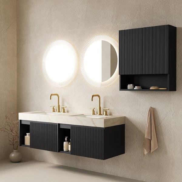 English Elm Eiden Spa Style Floating Bathroom Vanity Combo with Sintered Stone and Fluted Doors 60 inches Cream Gold Black W2615S01012