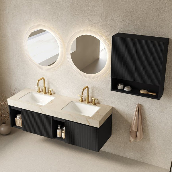 English Elm Eiden Spa Style Floating Bathroom Vanity Combo with Sintered Stone and Fluted Doors 60 inches Cream Gold Black W2615S01012
