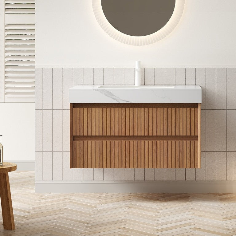 English Elm Tilley 36 Inch Floating Bathroom Vanity with Oak Cabinet and Sintered Stone Top Brown Oak / Carrara White W2615S01062