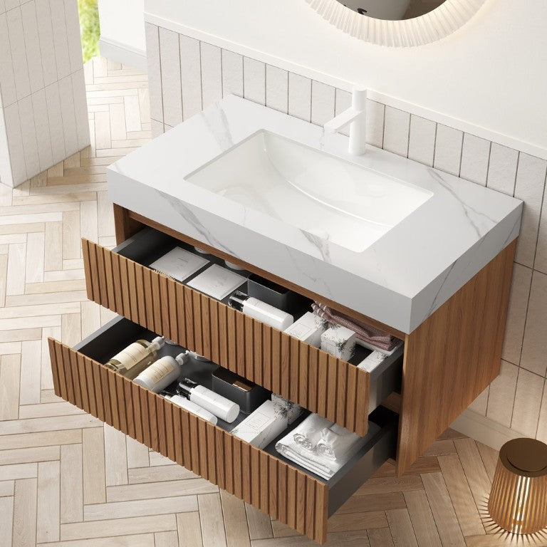 English Elm Tilley 36 Inch Floating Bathroom Vanity with Oak Cabinet and Sintered Stone Top Brown Oak / Carrara White W2615S01062