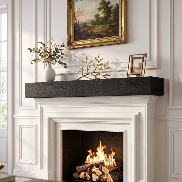 English Elm 60 Inch Black Pine Floating Mantel Shelf with Textured Grain for Living Room Walls W2640P534718