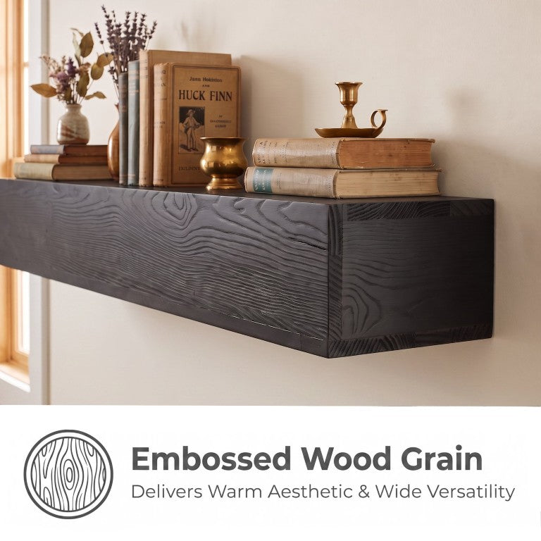 English Elm 60 Inch Black Pine Floating Mantel Shelf with Textured Grain for Living Room Walls W2640P534718