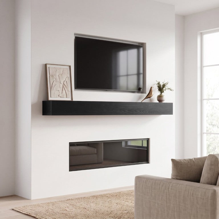 English Elm 72 Inch Pine Wood Floating Mantel Shelf with Textured Grain for Farmhouse Living Rooms Black 72 inches W2640P534742