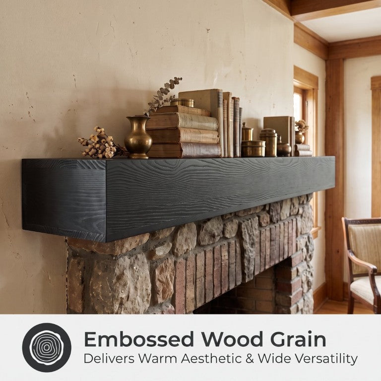 English Elm 72 Inch Pine Wood Floating Mantel Shelf with Textured Grain for Farmhouse Living Rooms Black 72 inches W2640P534742