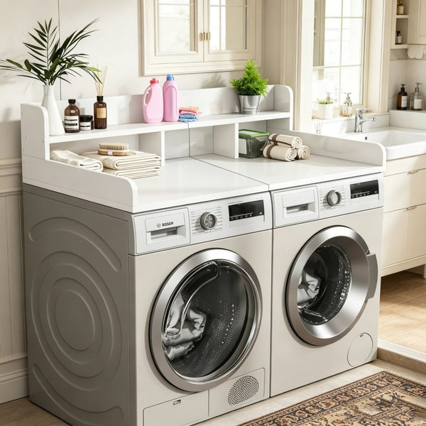 English Elm 58 Inch Laundry Room MDF Countertop Organizer with Raised Edge and Dual Layer Shelf W2641P490374