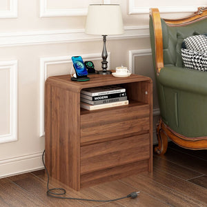 English Elm 25" Mid-century Walnut Nightstand with Charging Station 2 Drawers Curved Bentwood W2641P499481