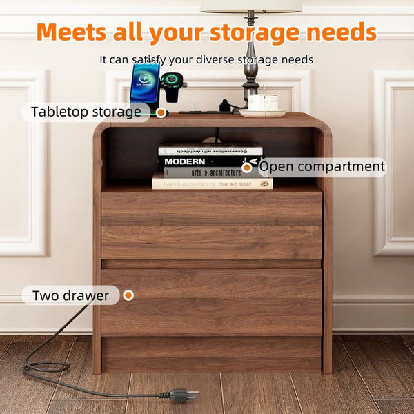 English Elm 25" Mid-century Walnut Nightstand with Charging Station 2 Drawers Curved Bentwood W2641P499481