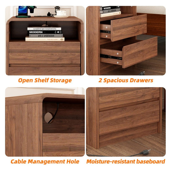 English Elm 25" Mid-century Walnut Nightstand with Charging Station 2 Drawers Curved Bentwood W2641P499481