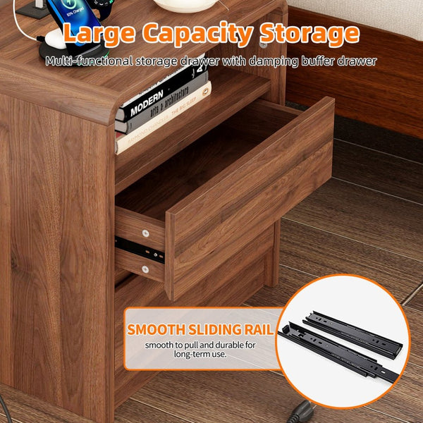 English Elm 25" Mid-century Walnut Nightstand with Charging Station 2 Drawers Curved Bentwood W2641P499481