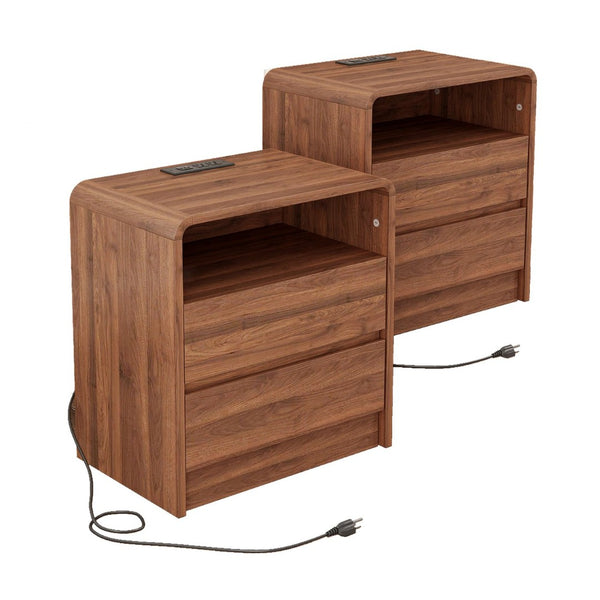 English Elm 25" Mid-century Walnut Nightstand with Charging Station 2 Drawers Curved Bentwood W2641P499481