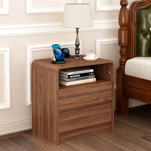 English Elm 25" Mid-century Walnut Nightstand with Charging Station 2 Drawers Curved Bentwood W2641P499481