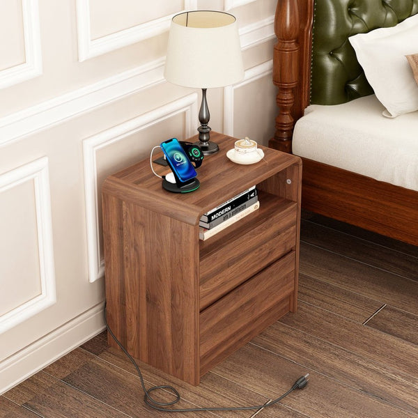 English Elm 25" Mid-century Walnut Nightstand with Charging Station 2 Drawers Curved Bentwood W2641P499481