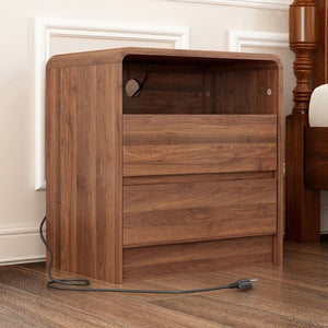 English Elm 25" Mid-century Walnut Nightstand with Charging Station 2 Drawers Curved Bentwood W2641P499481