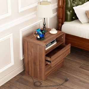 English Elm 25" Mid-century Walnut Nightstand with Charging Station 2 Drawers Curved Bentwood W2641P499481