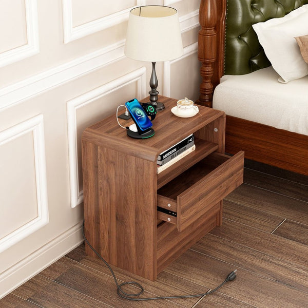 English Elm 25" Mid-century Walnut Nightstand with Charging Station 2 Drawers Curved Bentwood W2641P499481
