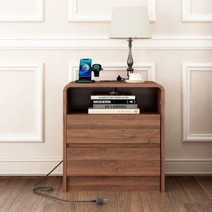 English Elm 25" Mid-century Walnut Nightstand with Charging Station 2 Drawers Curved Bentwood W2641P499481