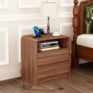 English Elm 25" Mid-century Walnut Nightstand with Charging Station 2 Drawers Curved Bentwood W2641P499481
