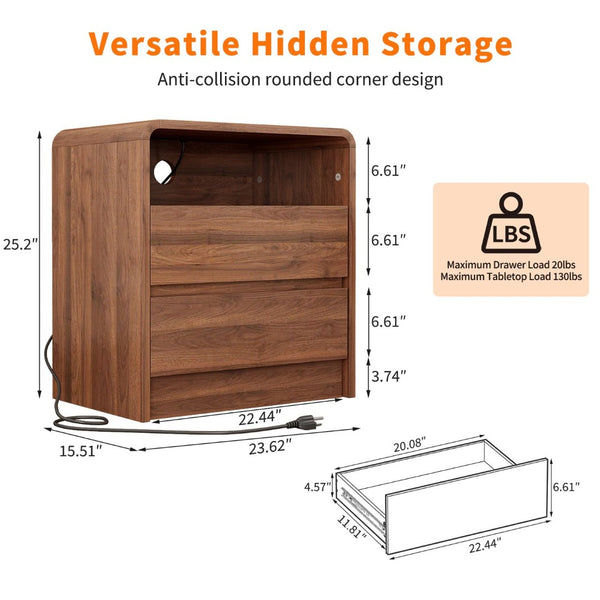 English Elm 25" Mid-century Walnut Nightstand with Charging Station 2 Drawers Curved Bentwood W2641P499481