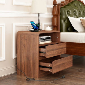 English Elm 25" Mid-century Walnut Nightstand with Charging Station 2 Drawers Curved Bentwood W2641P499481