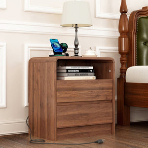English Elm 25" Mid-century Walnut Nightstand with Charging Station 2 Drawers Curved Bentwood W2641P499481
