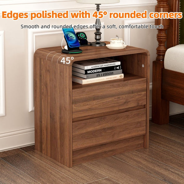 English Elm 25" Mid-century Walnut Nightstand with Charging Station 2 Drawers Curved Bentwood W2641P499481