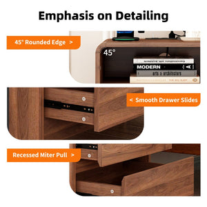 English Elm 25" Mid-century Walnut Nightstand with Charging Station 2 Drawers Curved Bentwood W2641P499481