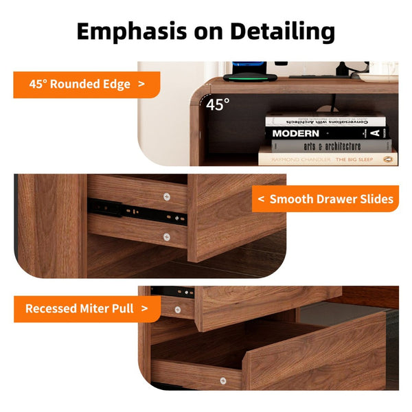 English Elm 25" Mid-century Walnut Nightstand with Charging Station 2 Drawers Curved Bentwood W2641P499481