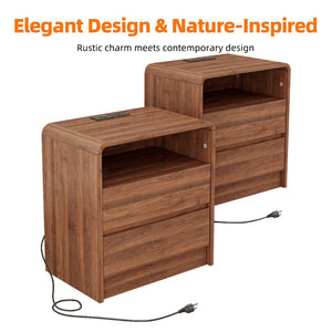 English Elm 25" Mid-century Walnut Nightstand with Charging Station 2 Drawers Curved Bentwood W2641P499481