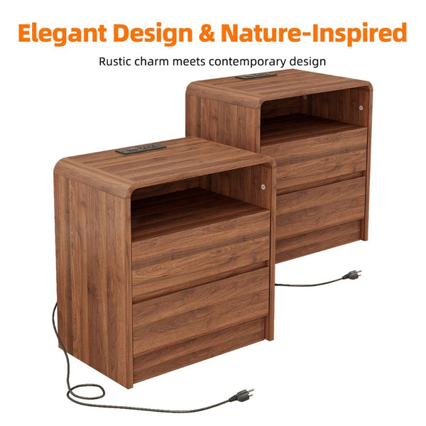 English Elm 25" Mid-century Walnut Nightstand with Charging Station 2 Drawers Curved Bentwood W2641P499481