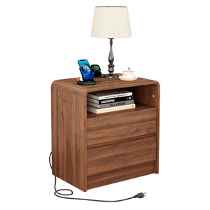 English Elm 25" Mid-century Walnut Nightstand with Charging Station 2 Drawers Curved Bentwood W2641P499481