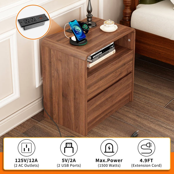 English Elm 25" Mid-century Walnut Nightstand with Charging Station 2 Drawers Curved Bentwood W2641P499481