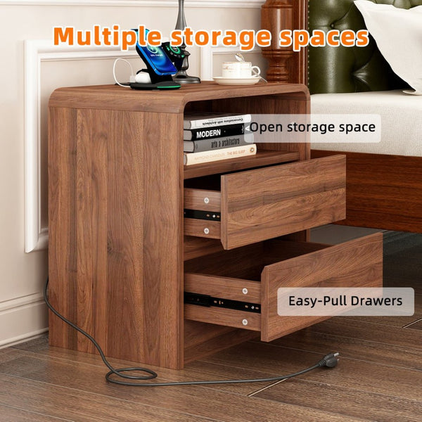 English Elm 25" Mid-century Walnut Nightstand with Charging Station 2 Drawers Curved Bentwood W2641P499481