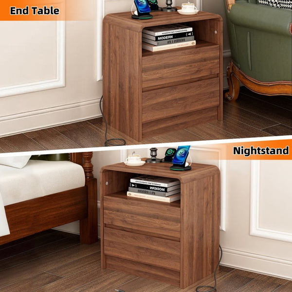 English Elm 25" Mid-century Walnut Nightstand with Charging Station 2 Drawers Curved Bentwood W2641P499481