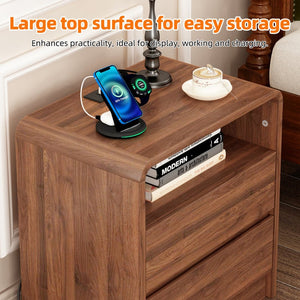English Elm 25" Mid-century Walnut Nightstand with Charging Station 2 Drawers Curved Bentwood W2641P499481