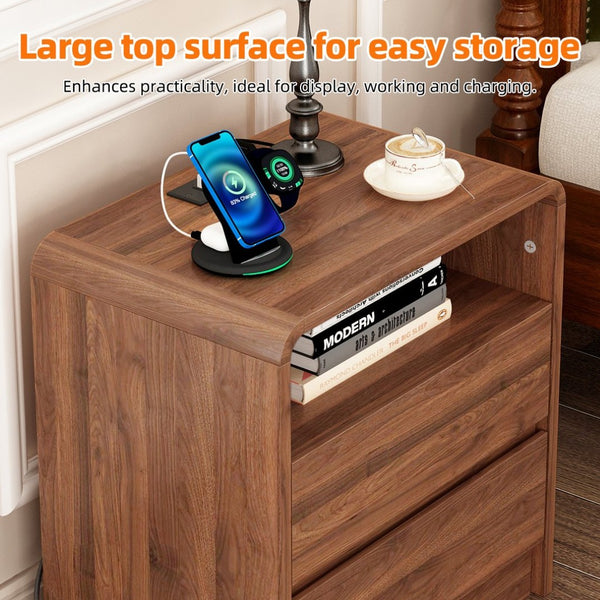 English Elm 25" Mid-century Walnut Nightstand with Charging Station 2 Drawers Curved Bentwood W2641P499481