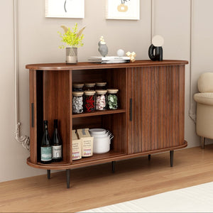 English Elm 47''w Walnut Fluted Credenza with Tambour Sliding Doors and Black Metal Base W2641P499520