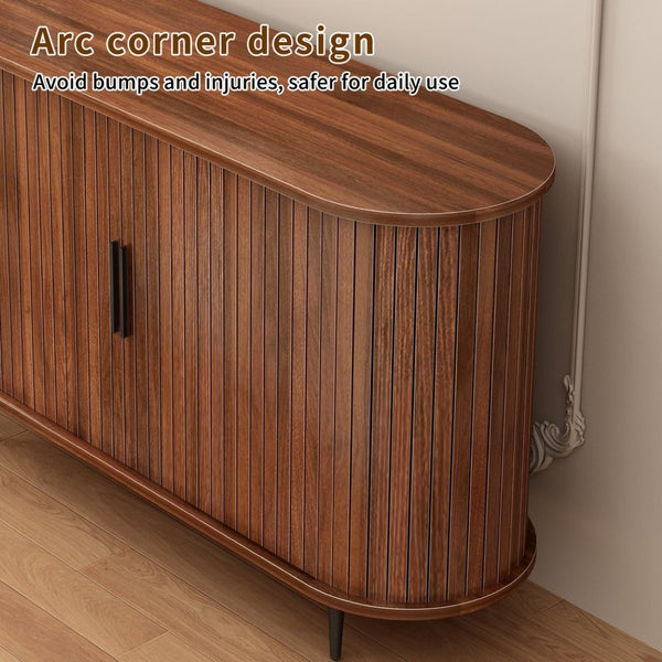 English Elm 47''w Walnut Fluted Credenza with Tambour Sliding Doors and Black Metal Base W2641P499520