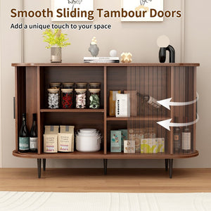 English Elm 47''w Walnut Fluted Credenza with Tambour Sliding Doors and Black Metal Base W2641P499520