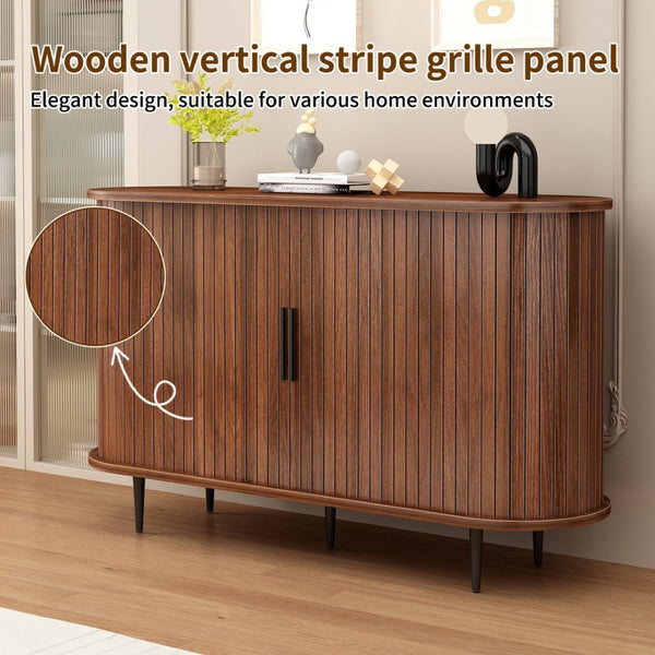 English Elm 47''w Walnut Fluted Credenza with Tambour Sliding Doors and Black Metal Base W2641P499520