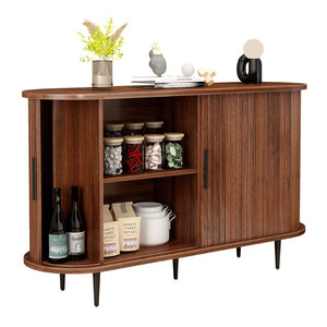 English Elm 47''w Walnut Fluted Credenza with Tambour Sliding Doors and Black Metal Base W2641P499520