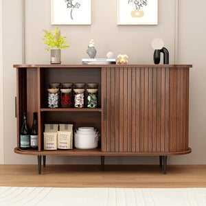 English Elm 47''w Walnut Fluted Credenza with Tambour Sliding Doors and Black Metal Base W2641P499520