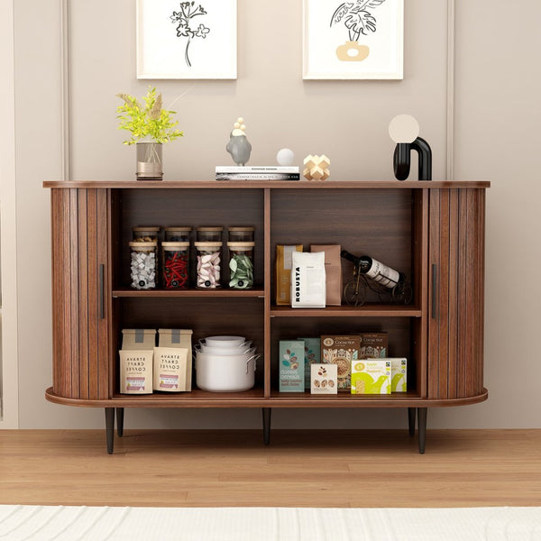 English Elm 47''w Walnut Fluted Credenza with Tambour Sliding Doors and Black Metal Base W2641P499520