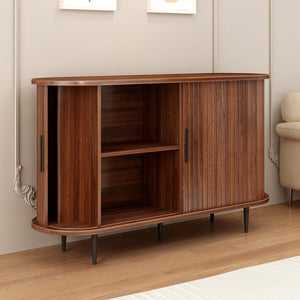 English Elm 47''w Walnut Fluted Credenza with Tambour Sliding Doors and Black Metal Base W2641P499520
