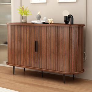 English Elm 47''w Walnut Fluted Credenza with Tambour Sliding Doors and Black Metal Base W2641P499520